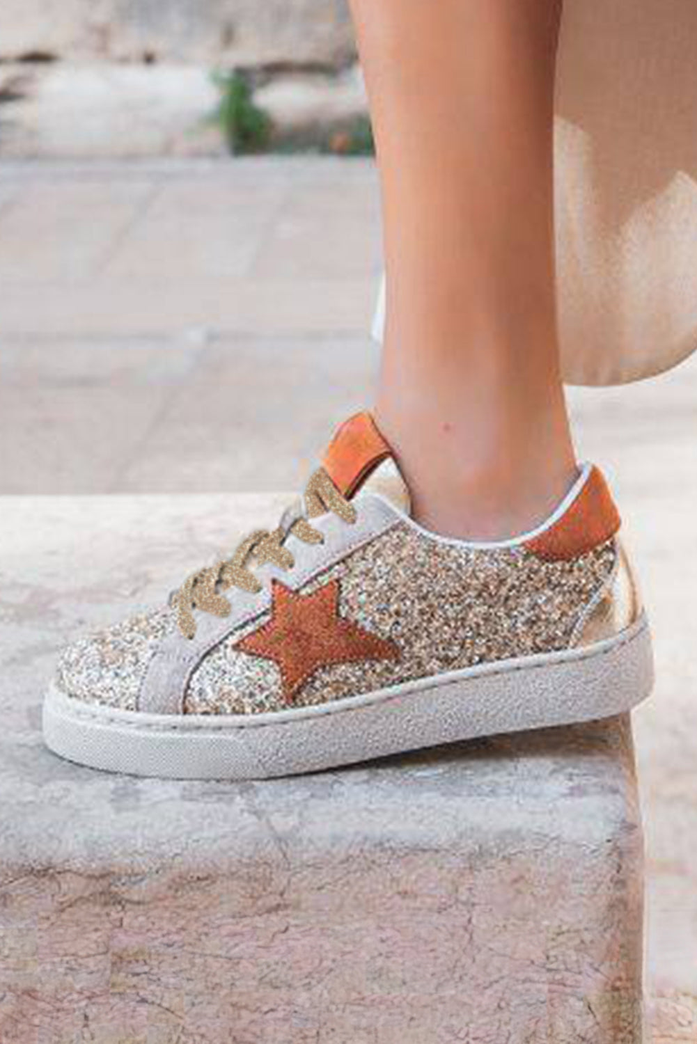 Dearlove Gold Glitter Star Patchwork PU Leather Lace-up Sneakers