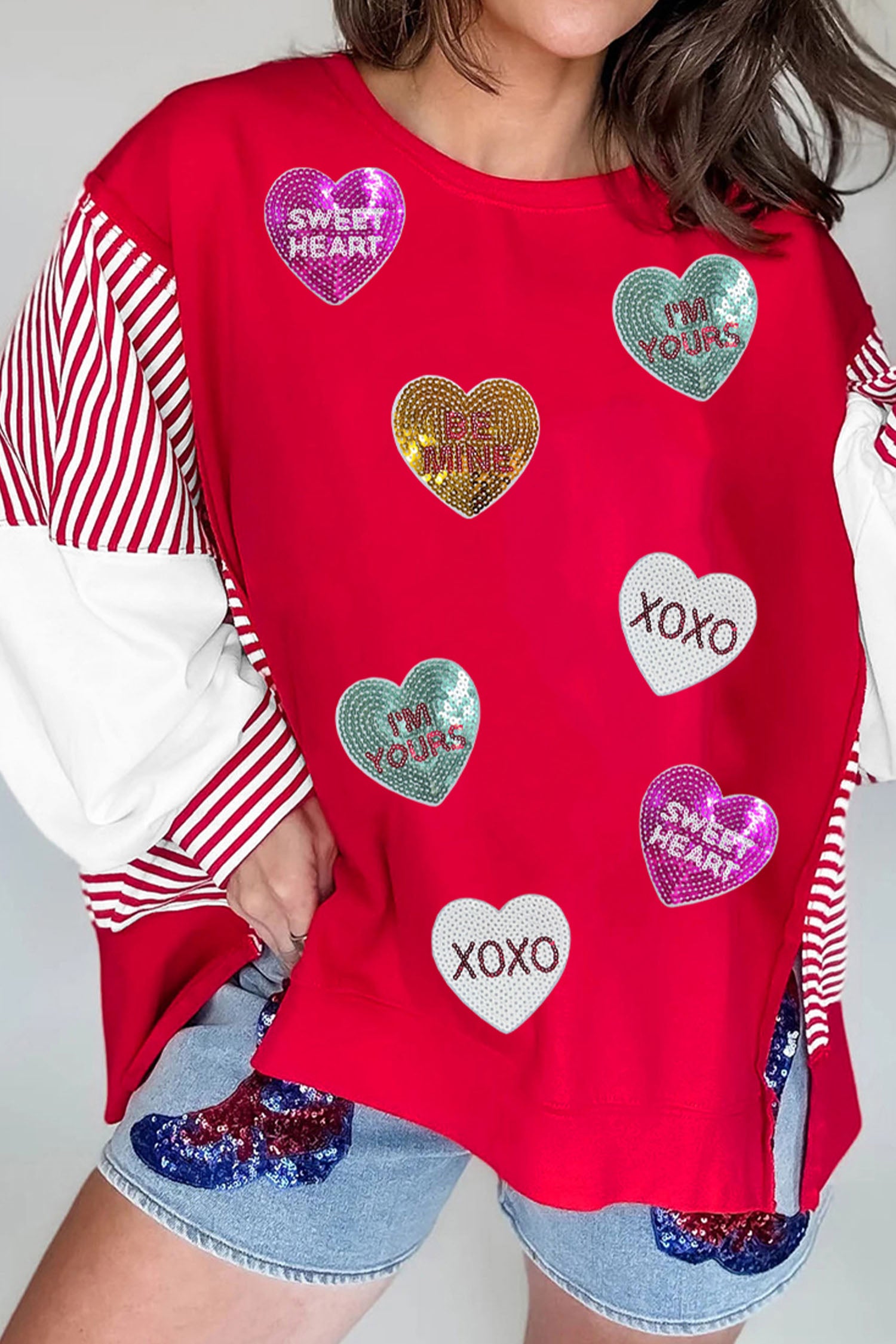 Fiery Red Valentines Day Slogan Sequin Heart Graphic Striped Color Block Patchwork Sweatshirt