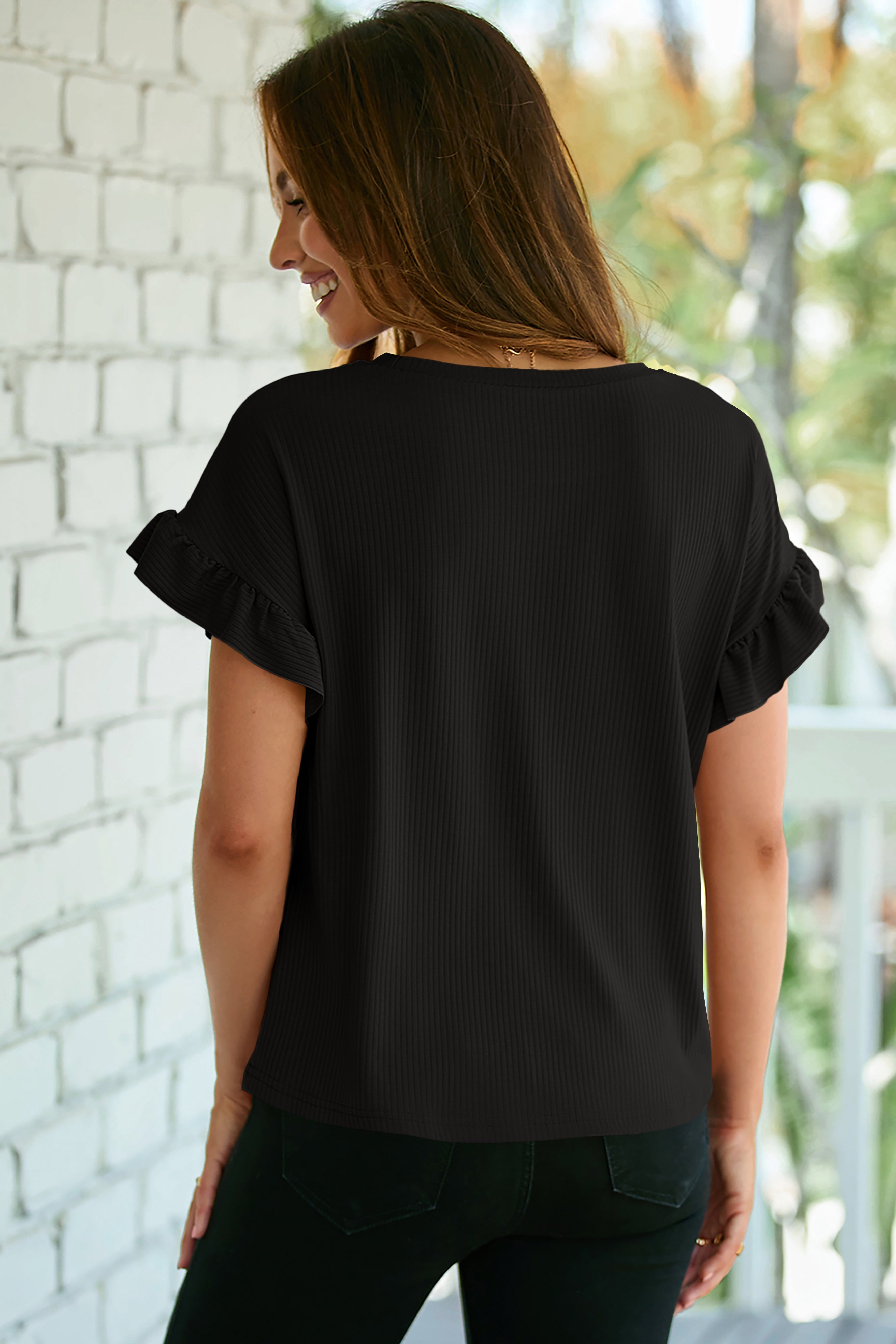 Blackish Green Solid Color Ribbed Ruffled Short Sleeve T Shirt