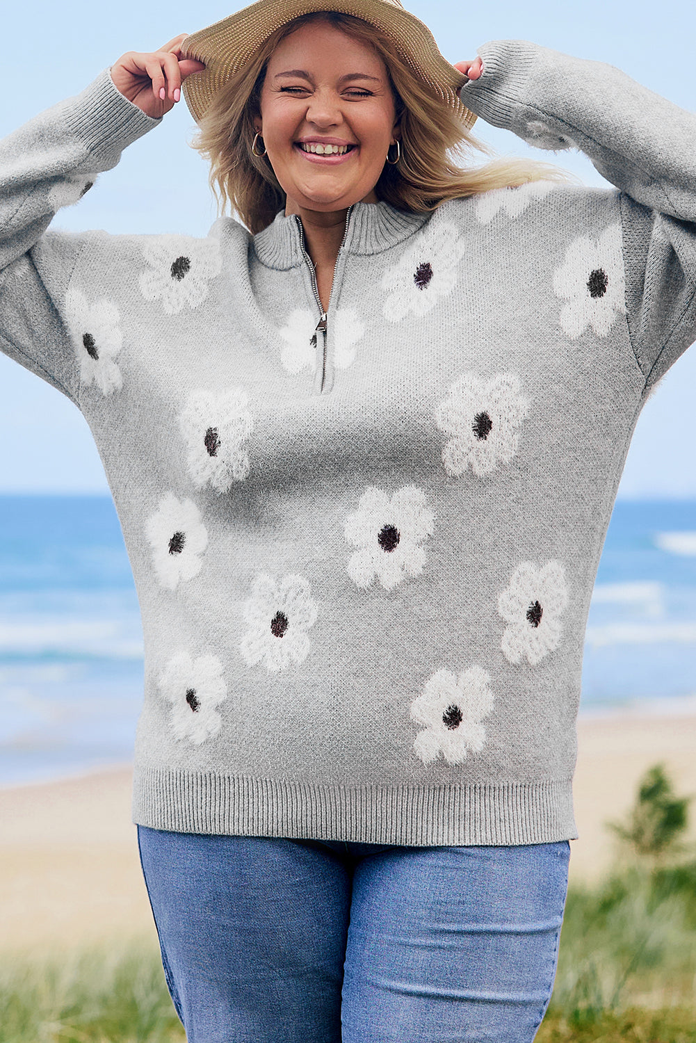 Khaki Floral Pattern Half Zip Drop Shoulder Sweater