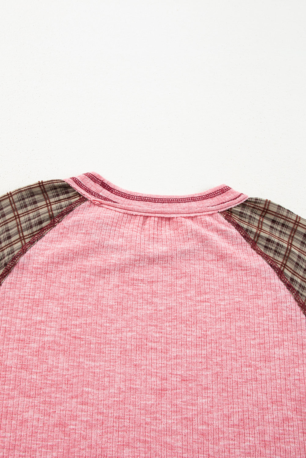 Fushia Mixed Print Raglan Sleeve Ribbed Knit Patchwork Blouse