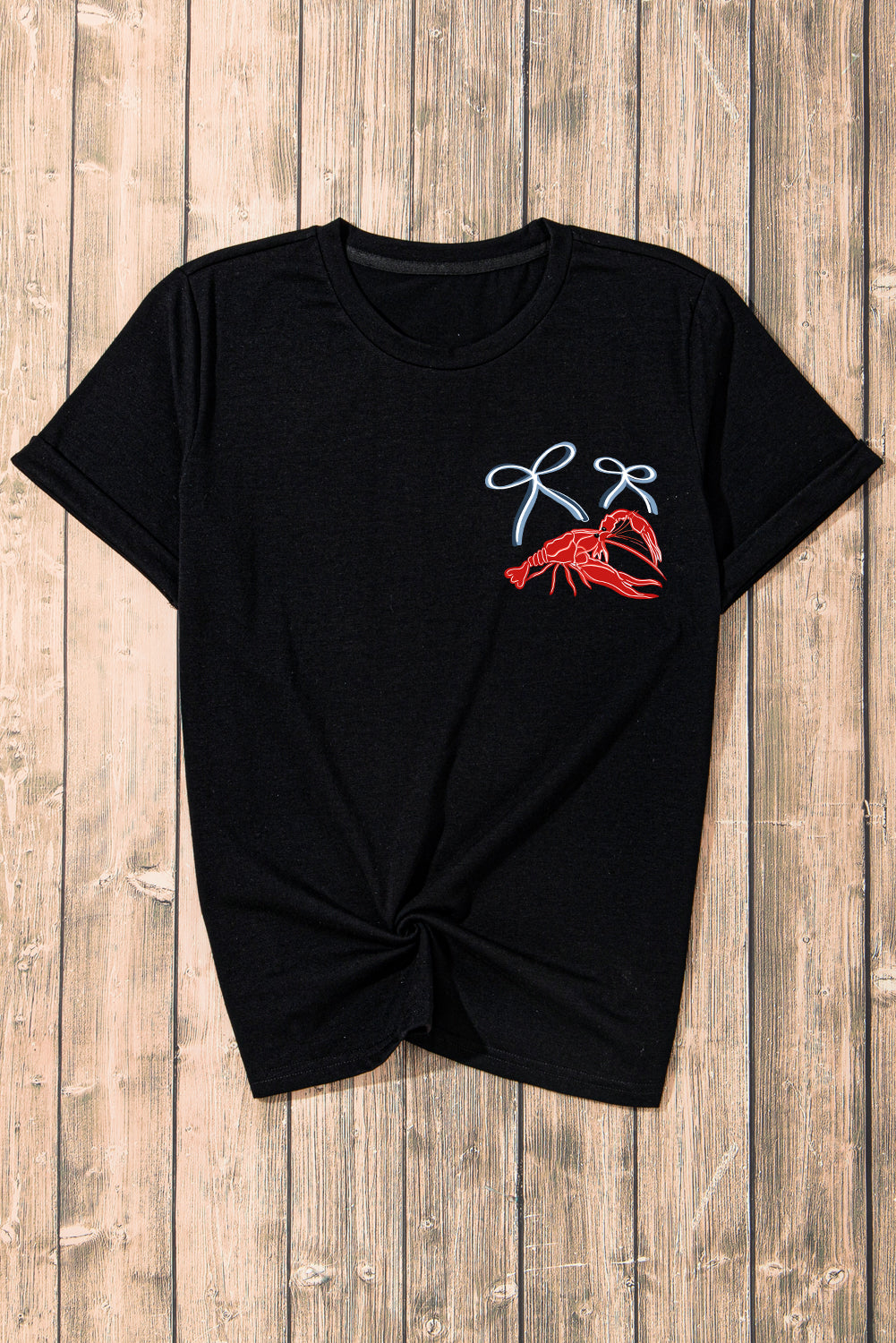 Black Girlie Bow Crawfish Printed T Shirt