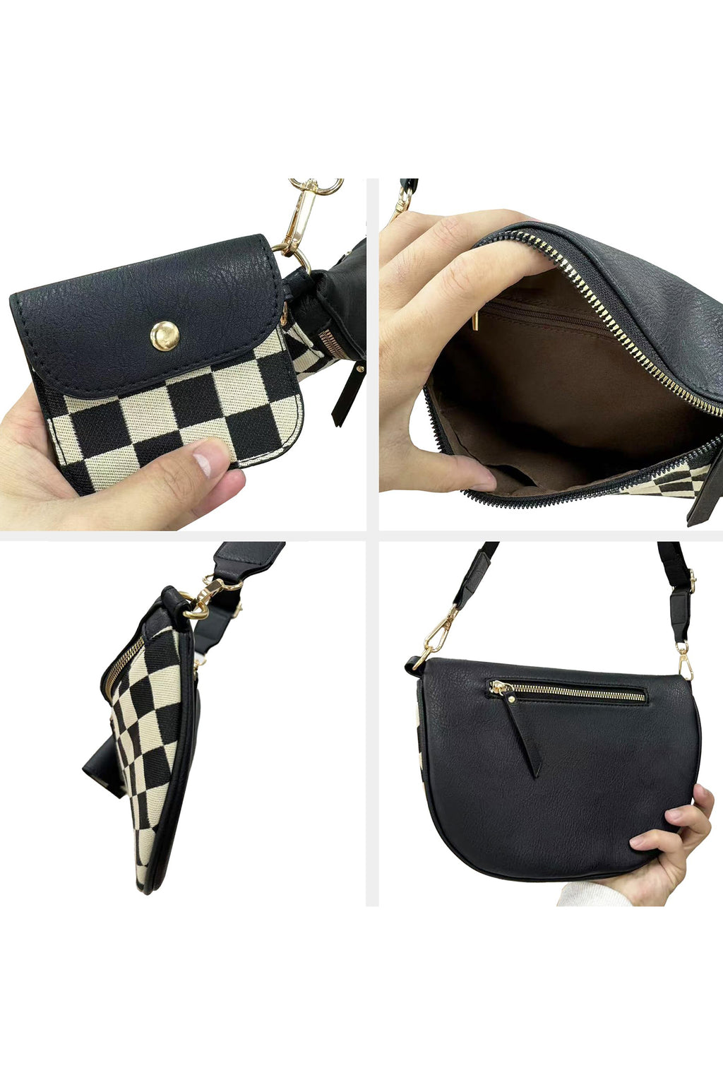Coffee PU Leather Checkered Knit Patchwork Wallet Attached Shoulder Bag