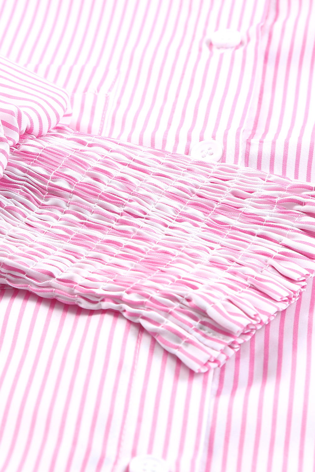 Red Stripe Smocked Cuffed Striped Boyfriend Shirt with Pocket