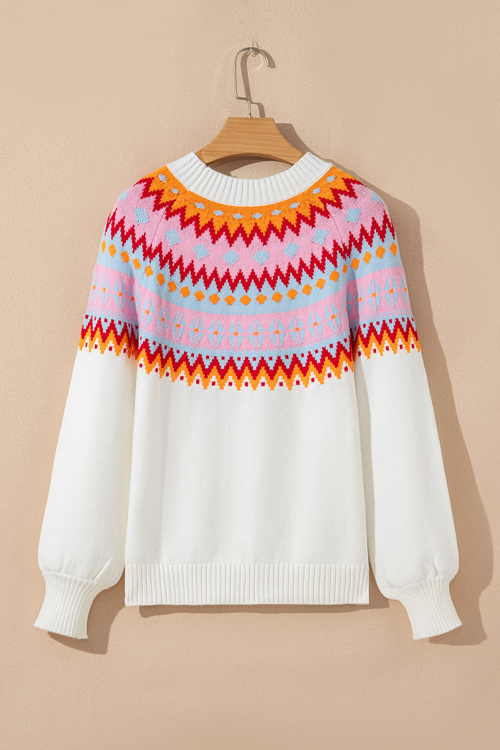 White Ethnic Geometric Colorblock Print Drop Shoulder Sweater