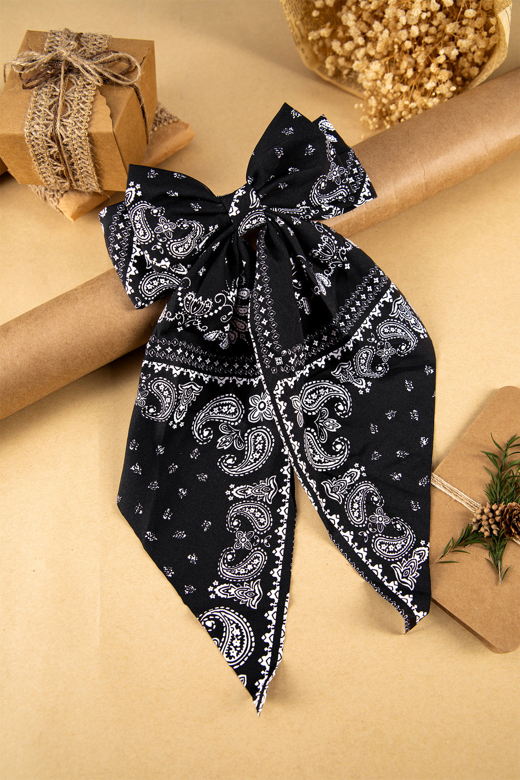 Black Boho Paisley Floral Print Silky Ribbon Bow Hair Clip