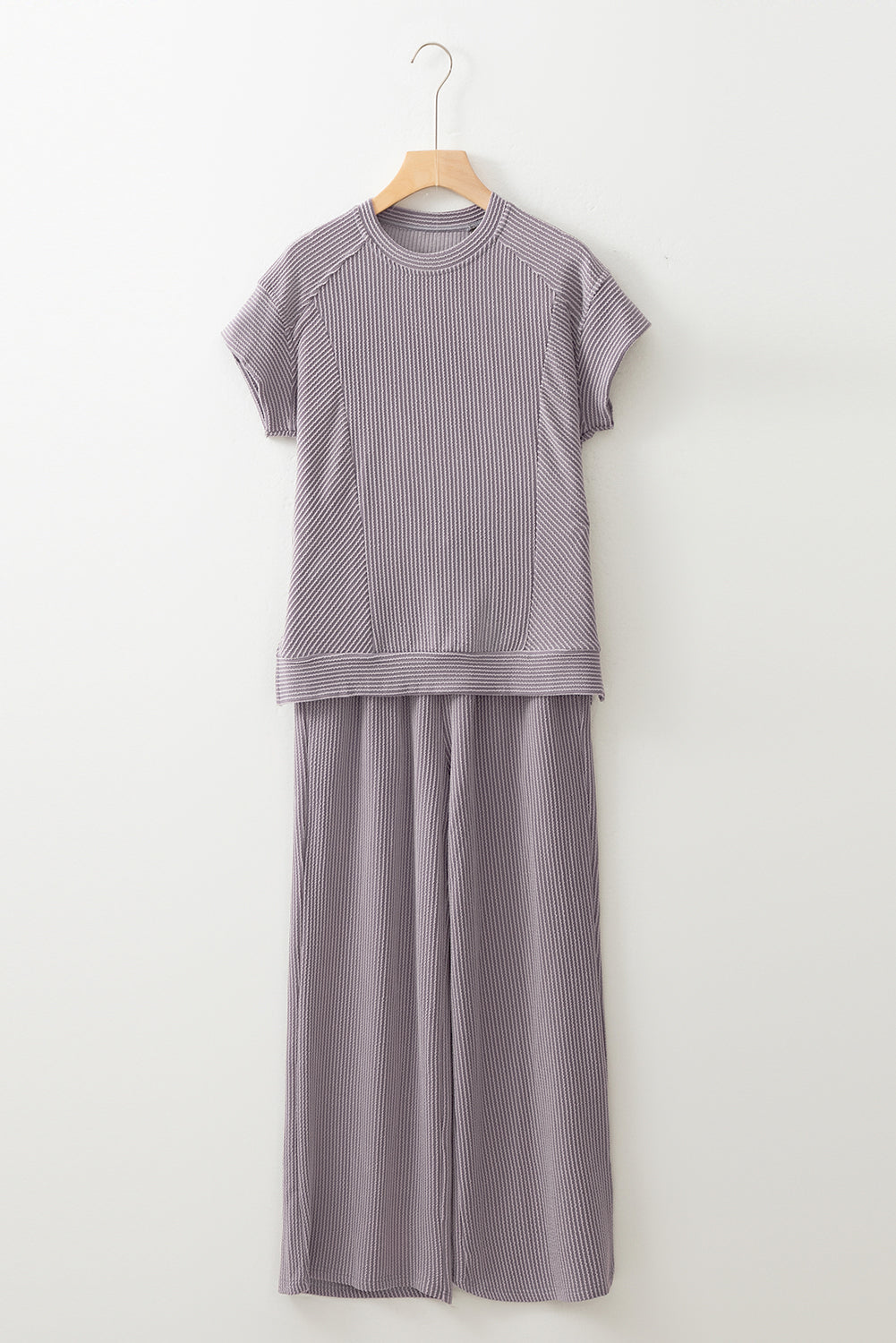 Blue Solid Corded Knit Short Sleeve T Shirt and Wide Leg Pants Set