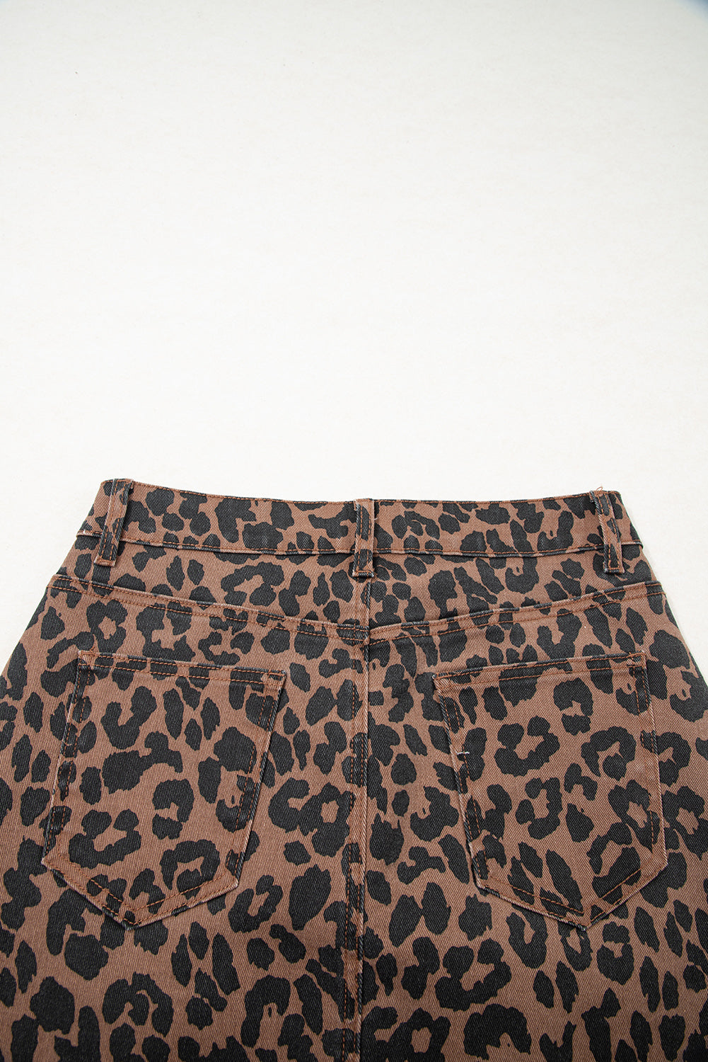 Brown Leopard Denim Frayed Split Denim Midi Skirt