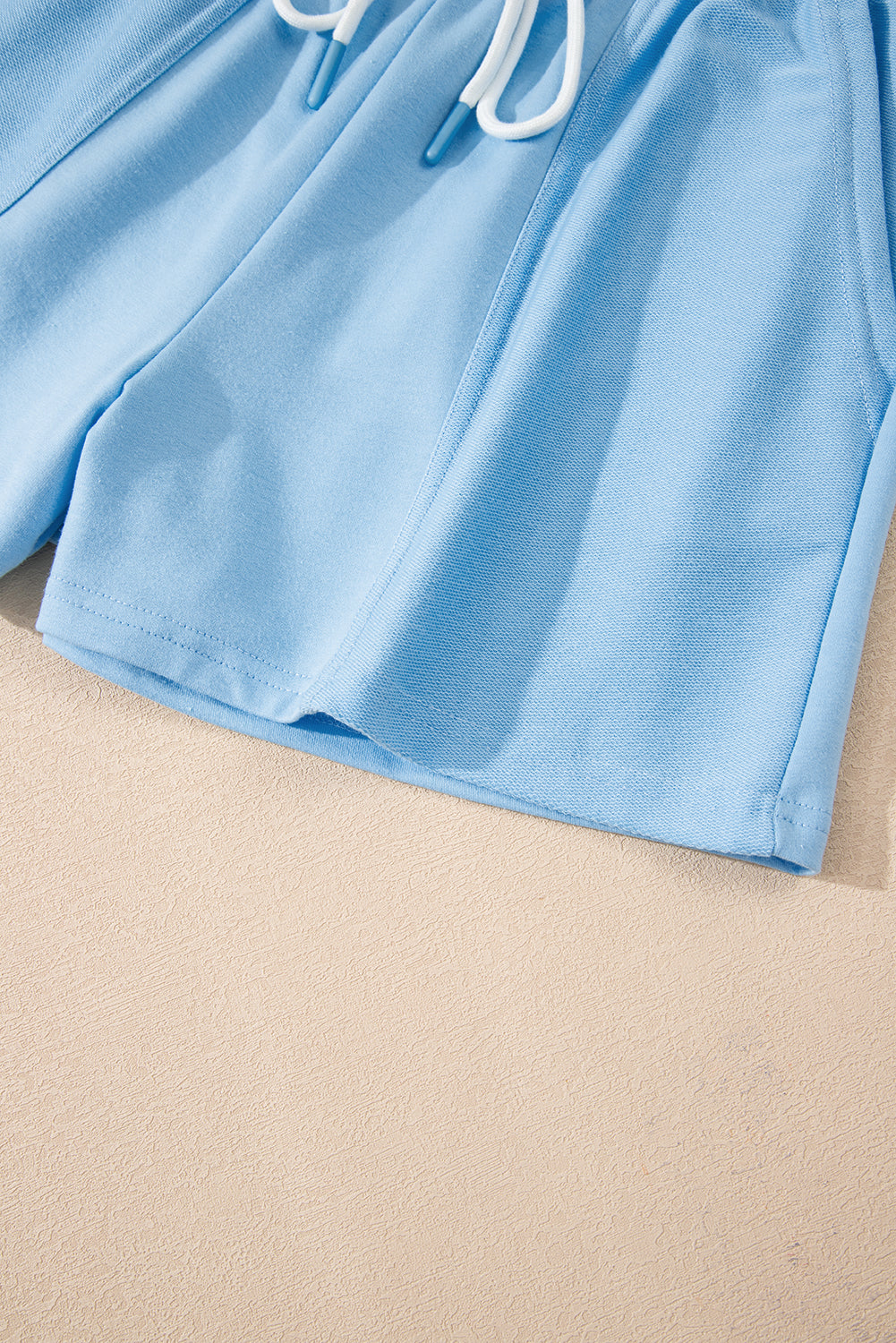Mint Green V Neck Drop Shoulder Tee and Patchwork Drawstring Elastic Waistband Shorts Set