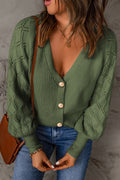 Green Bishop Sleeve Button V Neck Cardigan Sweater