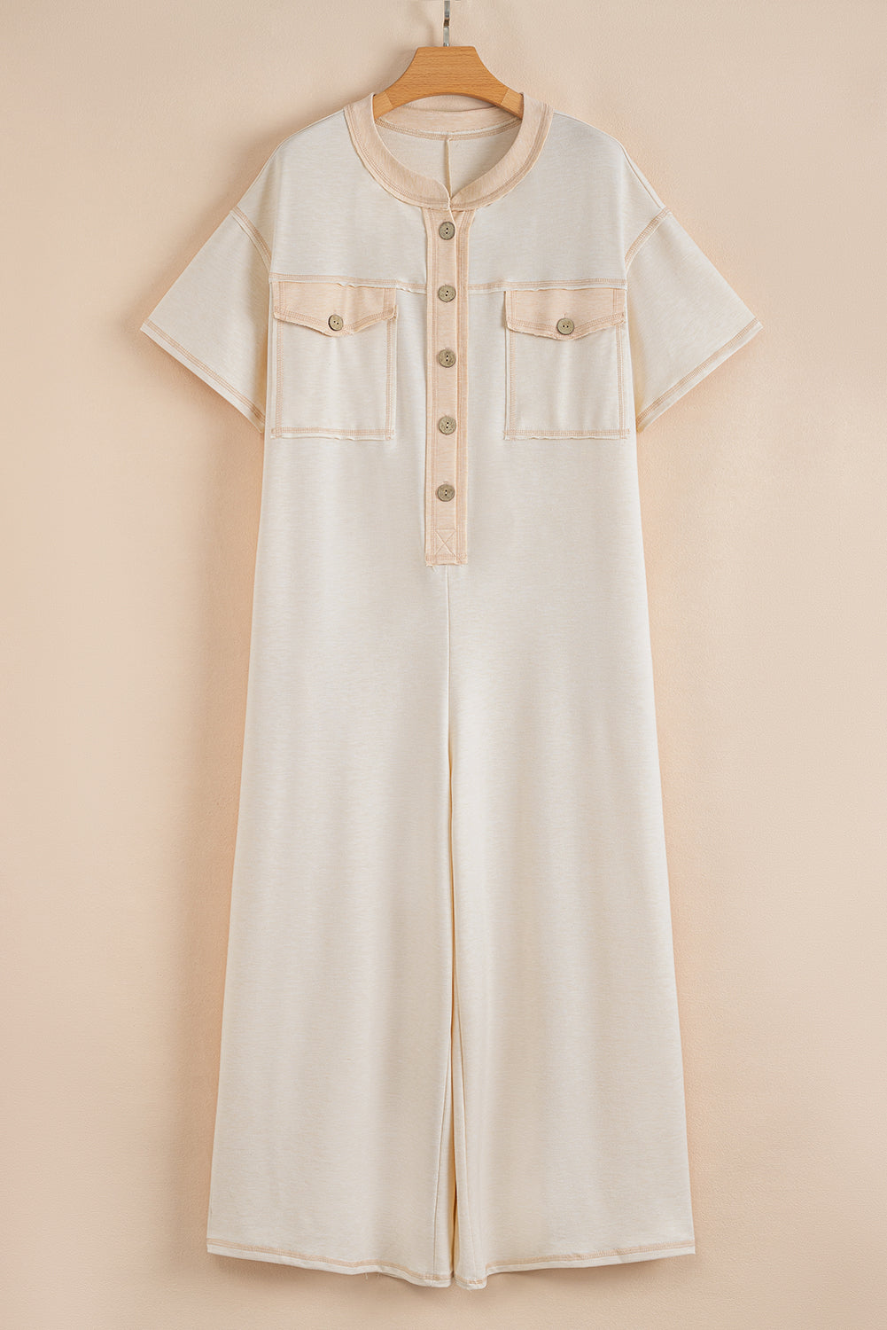 Beau Blue Half Placket Chest Pockets Short Sleeve Wide Leg Jumpsuit