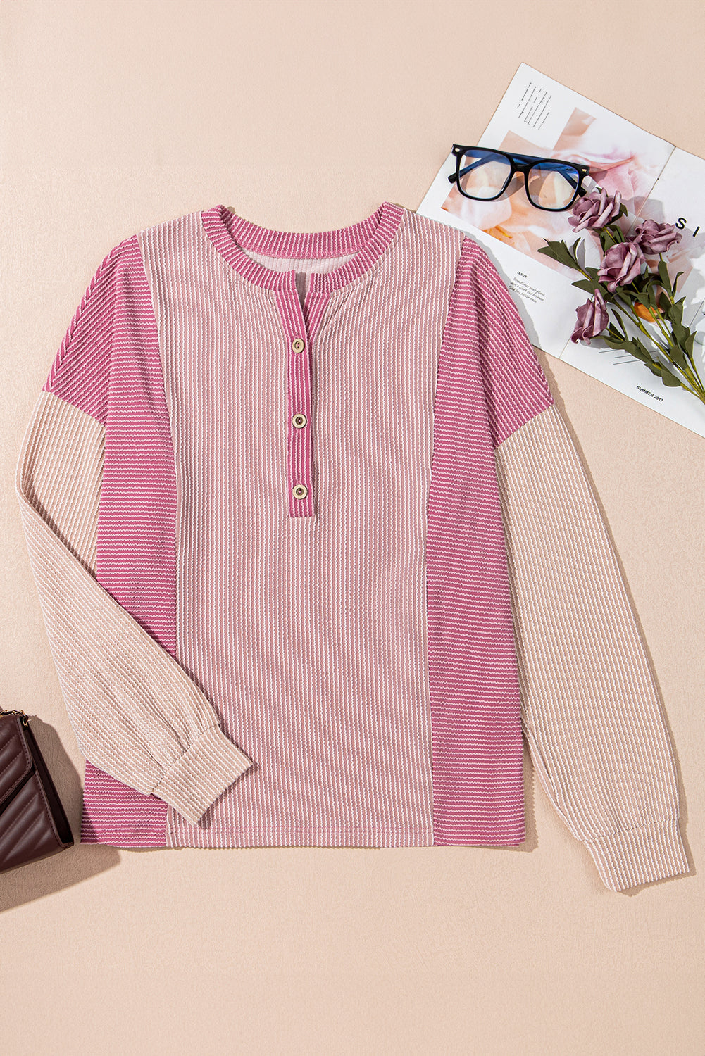 Pink Corded Colorblock Half Placket Pullover Sweatshirt