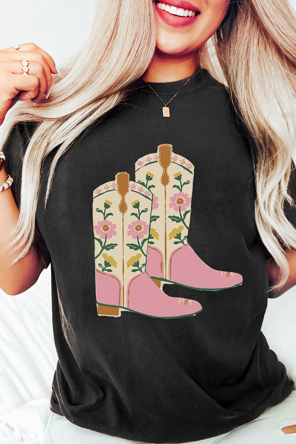 Black Floral Cowgirl Boots Cotton Blend T Shirt