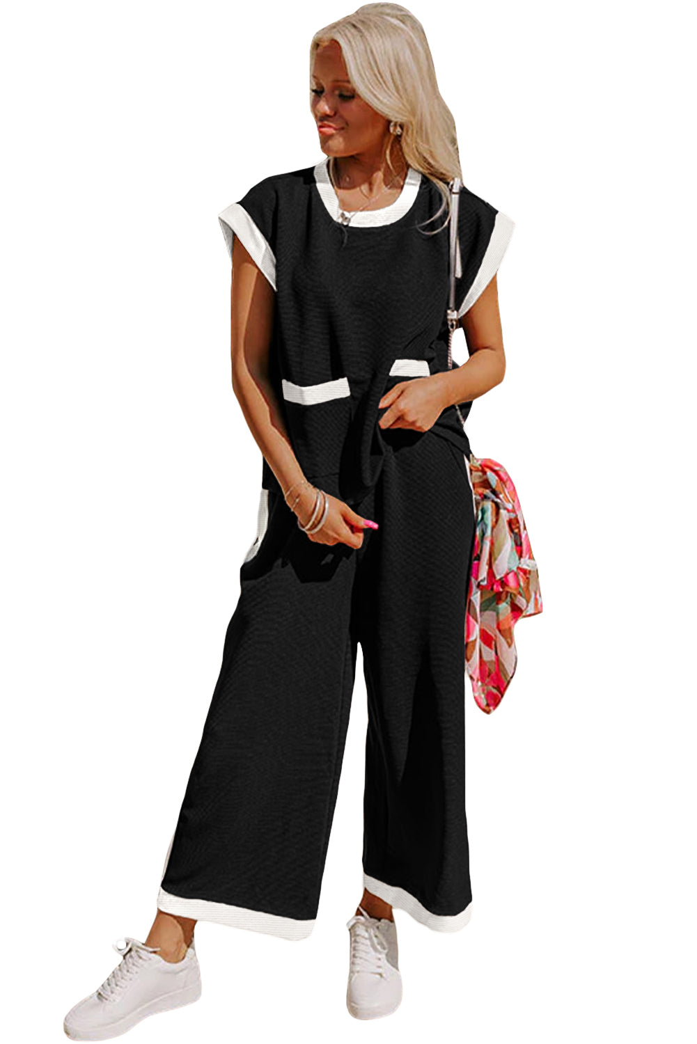 Navy Blue Color Block Pocketed T Shirt and Wide Leg Pants Set