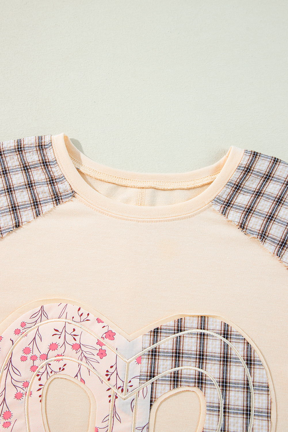 Beige Flower Patch Graphic Exposed Seam Wide Sleeve Top