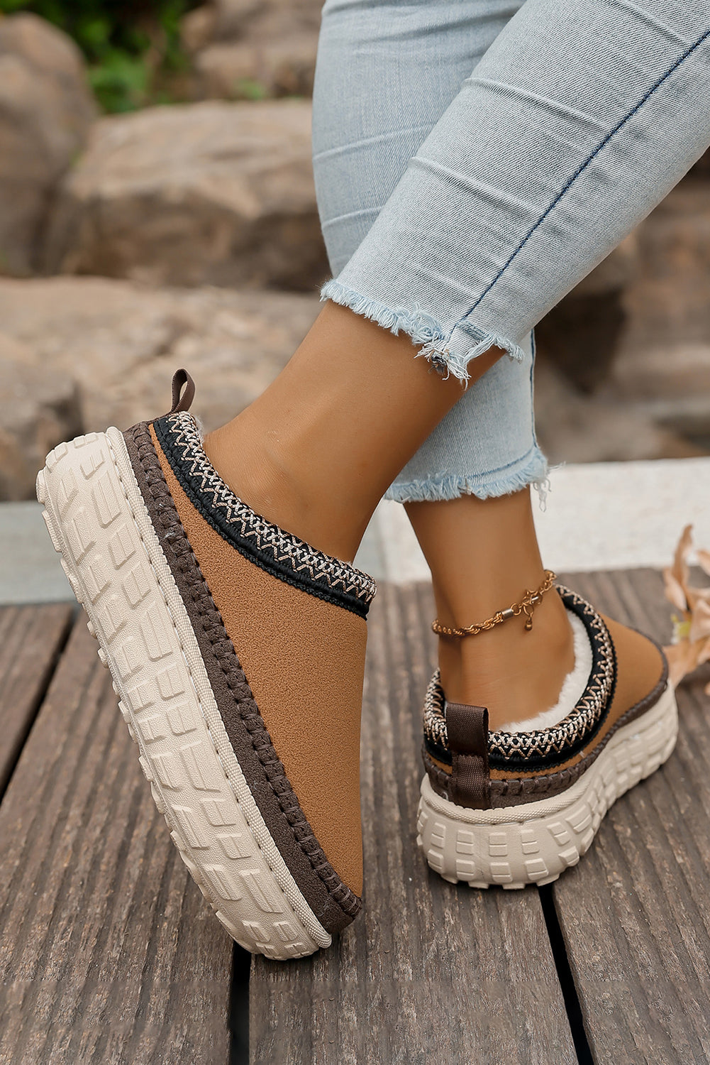 Coffee Contrast Stitch Detail Faux Suede PU Patchwork Plush Winter Clog Slippers