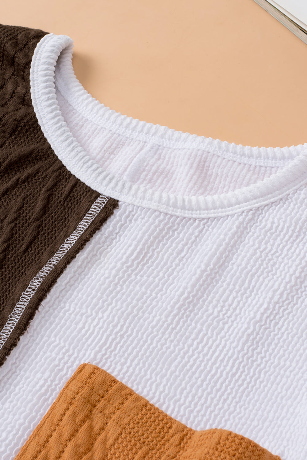 Orange Long Sleeve Colorblock Chest Pocket Textured Knit Top