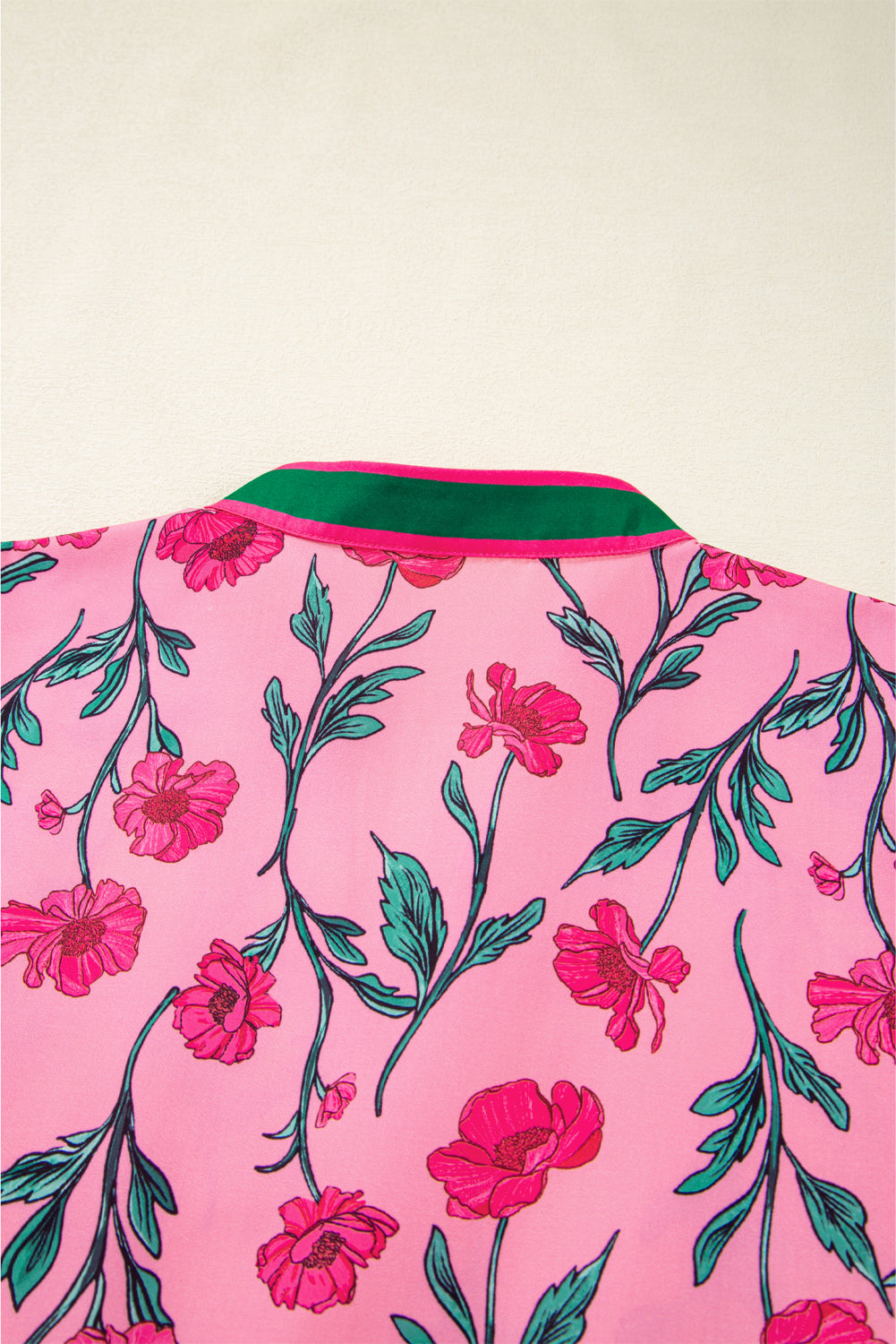 Pink Floral Contrast Neckline A-line Puff Sleeve Long Dress