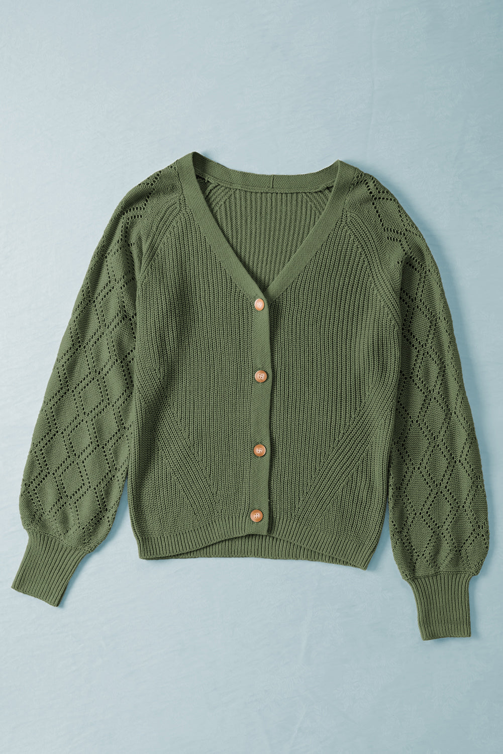 Green Bishop Sleeve Button V Neck Cardigan Sweater
