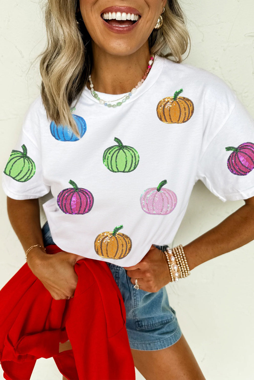 White Colorful Pumpkin Sequin Patched Drop Shoulder Sweatshirt