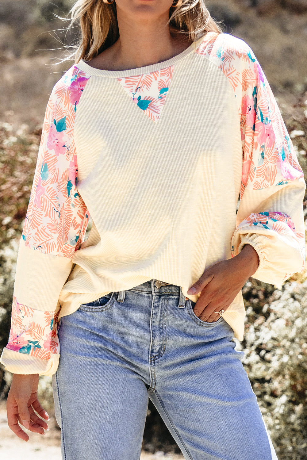 Apricot Plus Size Floral Patchwork Ribbed Puff Sleeve Top