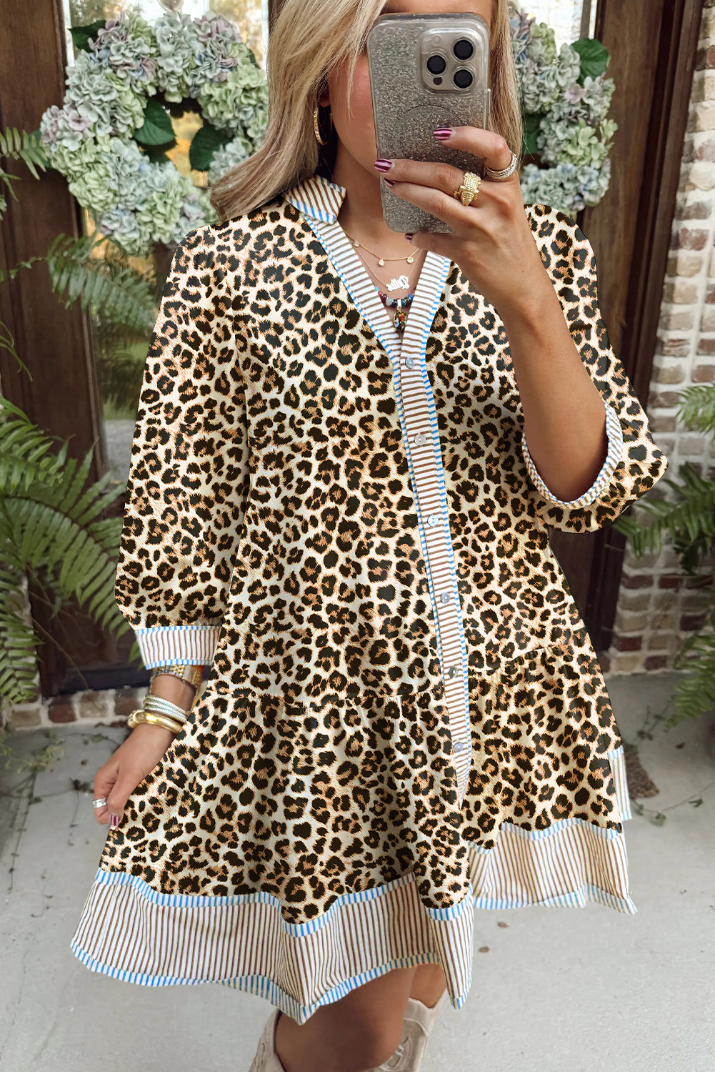 Brown Leopard Print Striped Patchwork 3/4 Sleeve Loose Mini Dress
