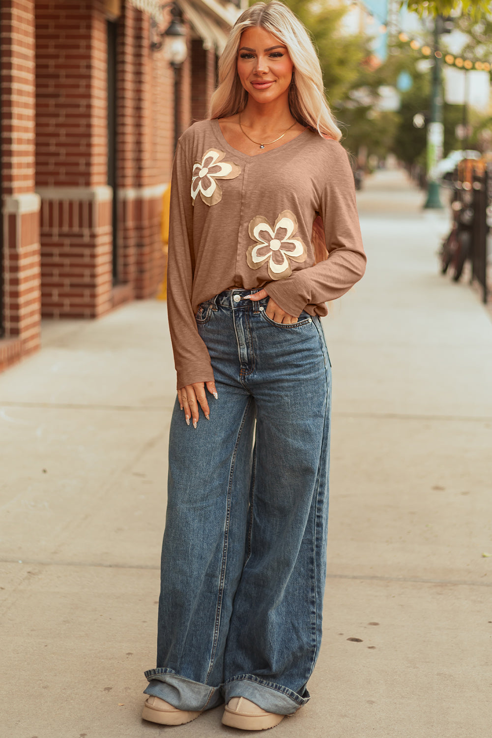 Fresh Salmon Floral Patchwork V Neck Long Sleeve T Shirt