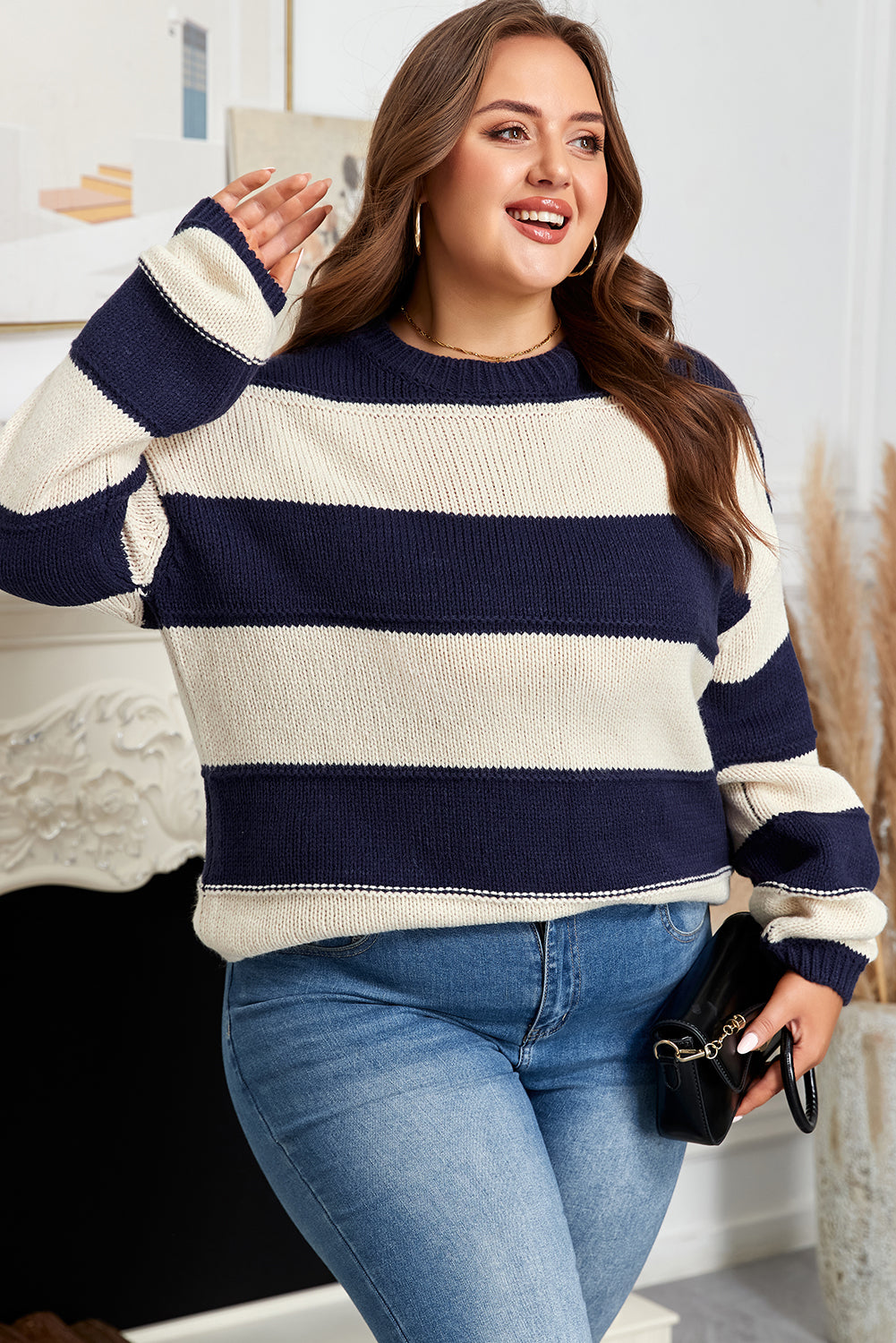 Khaki Stripe Color Block PLus Size Drop Shoulder Sweater