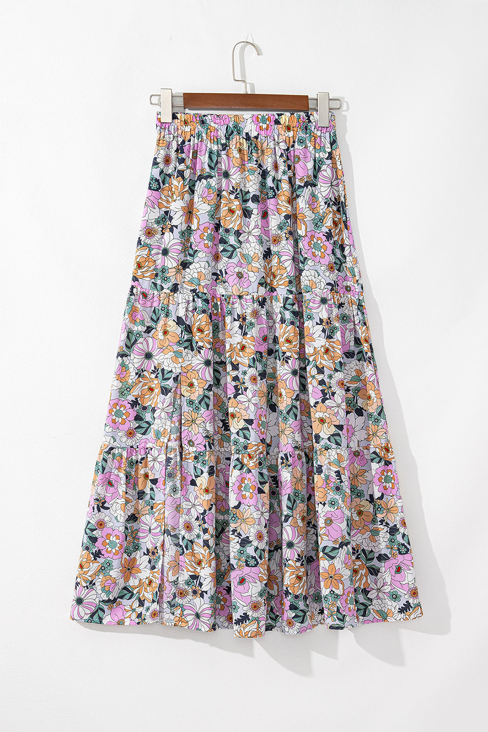 Orange Bohemian Floral Print Tiered Maxi Skirt with Split