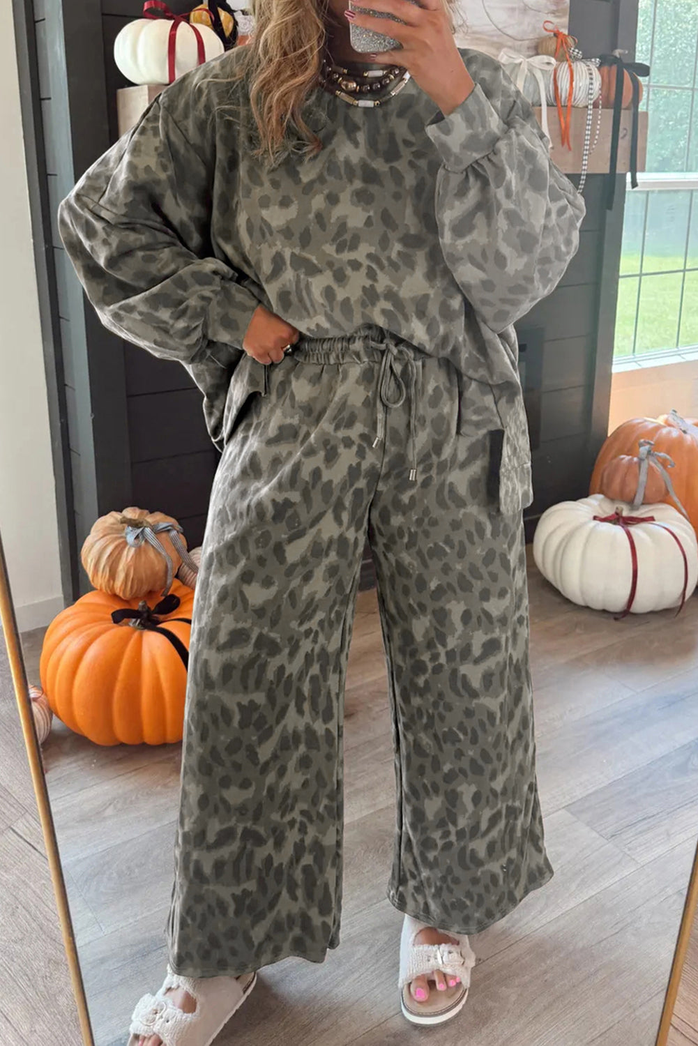 Brown Leopard Loose Tee Drawstring Waist Barrel Pants Set