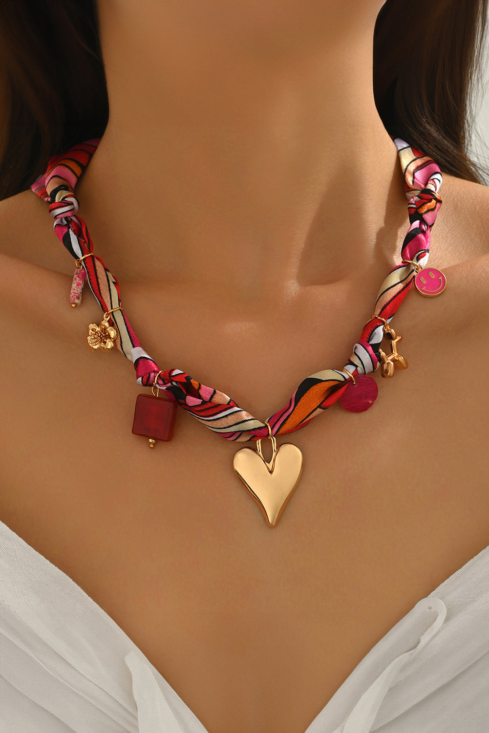Strawberry Pink Valentines Multi Detail Knot Scarf Necklace