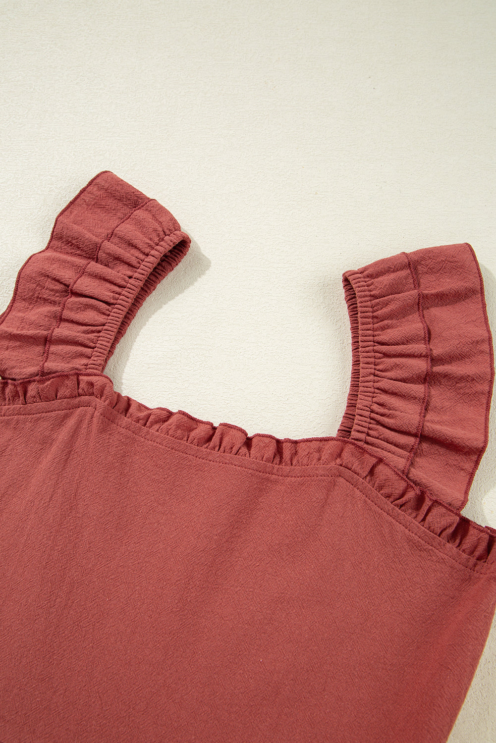 Red Sandalwood Geometric Stitch Shirred Bodice Ruffled Trim Sleeveless Mini Dress
