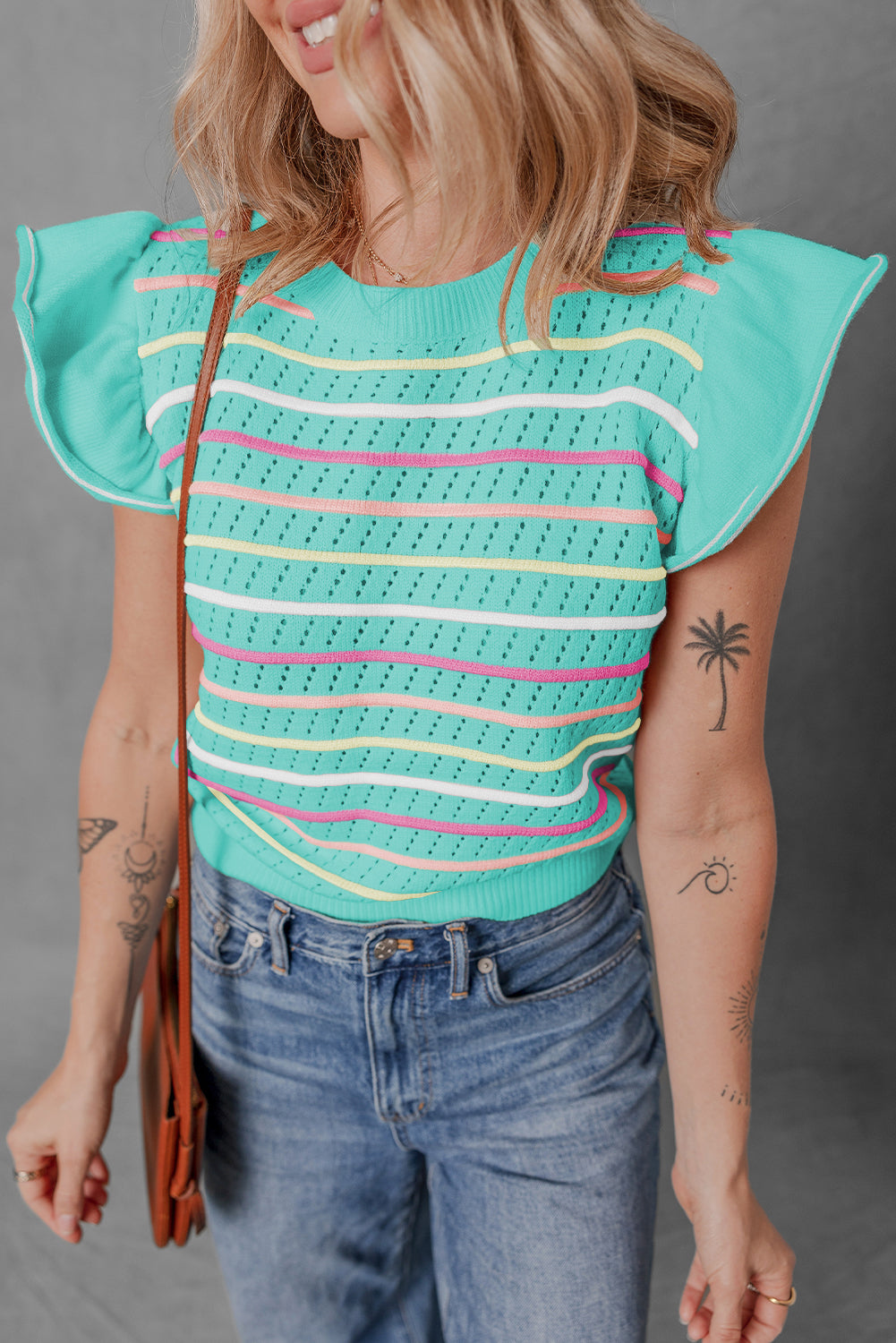 Oatmeal Colorful Striped Eyelet Knit Ruffled Sleeve Sweater T Shirt