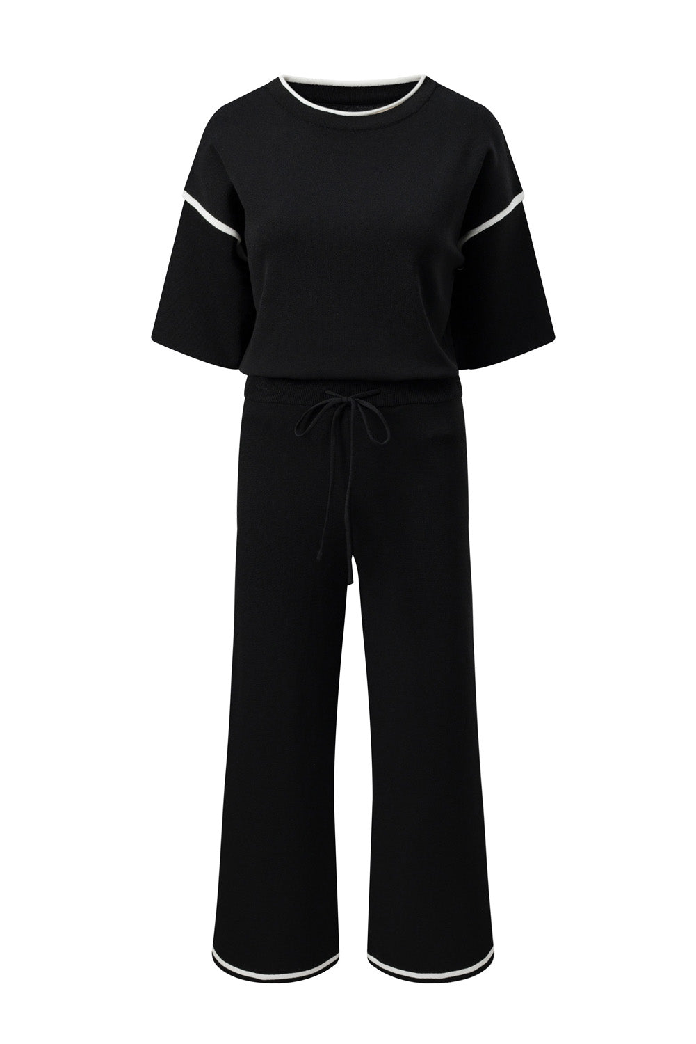 Blackish Green Contrast Trim Half Sleeve Top Drawstring Pants Loose 2pcs Sweater Suit