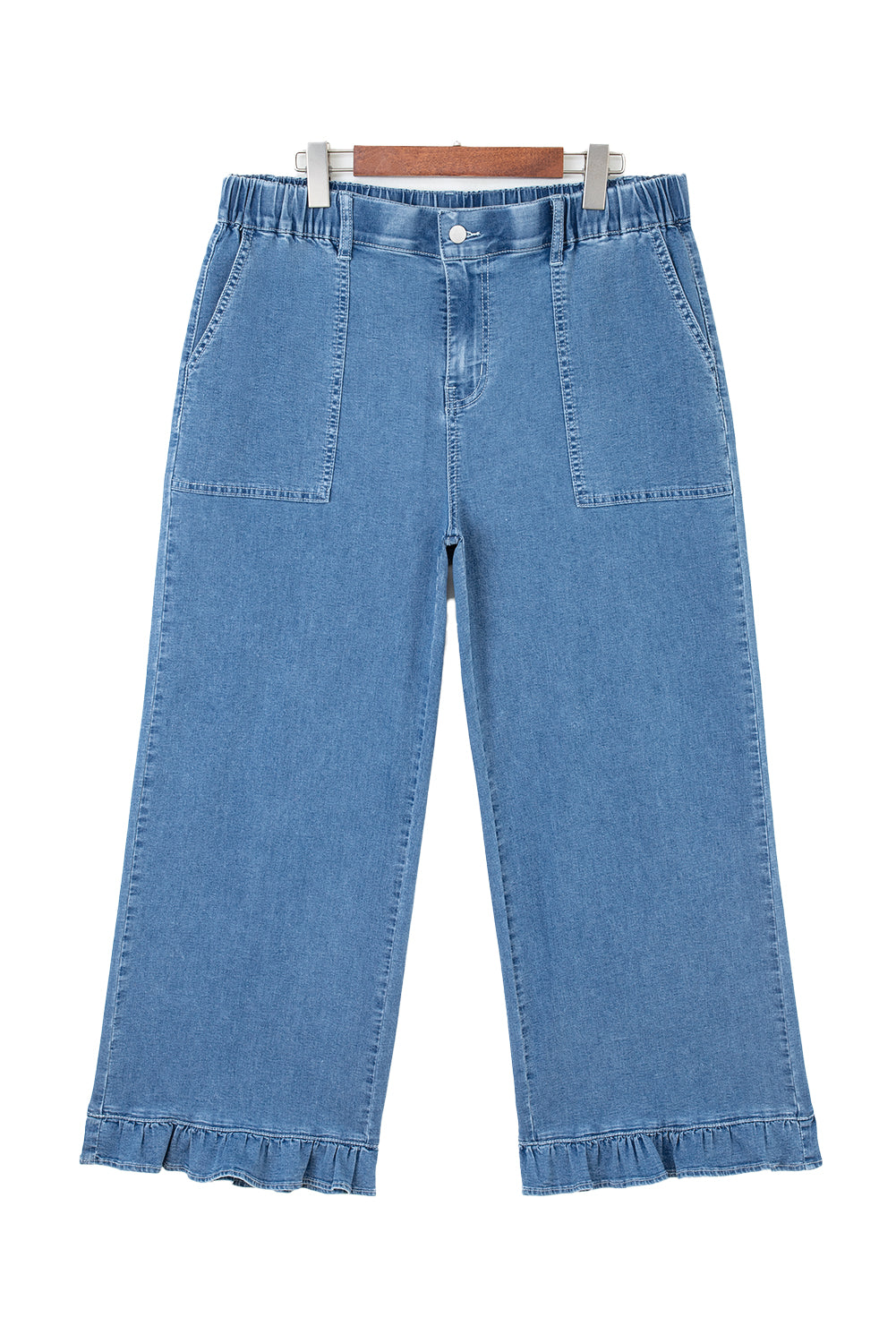 Black Plus Size Elastic Waist Ruffled Wide Leg Denim Pants