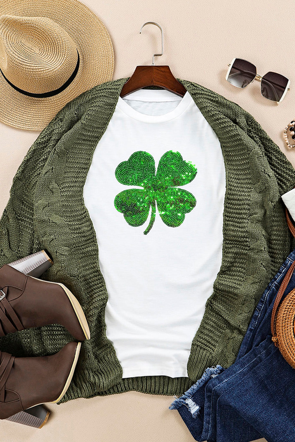 Black St. Patricks Lucky Clover Print O Neck T Shirt