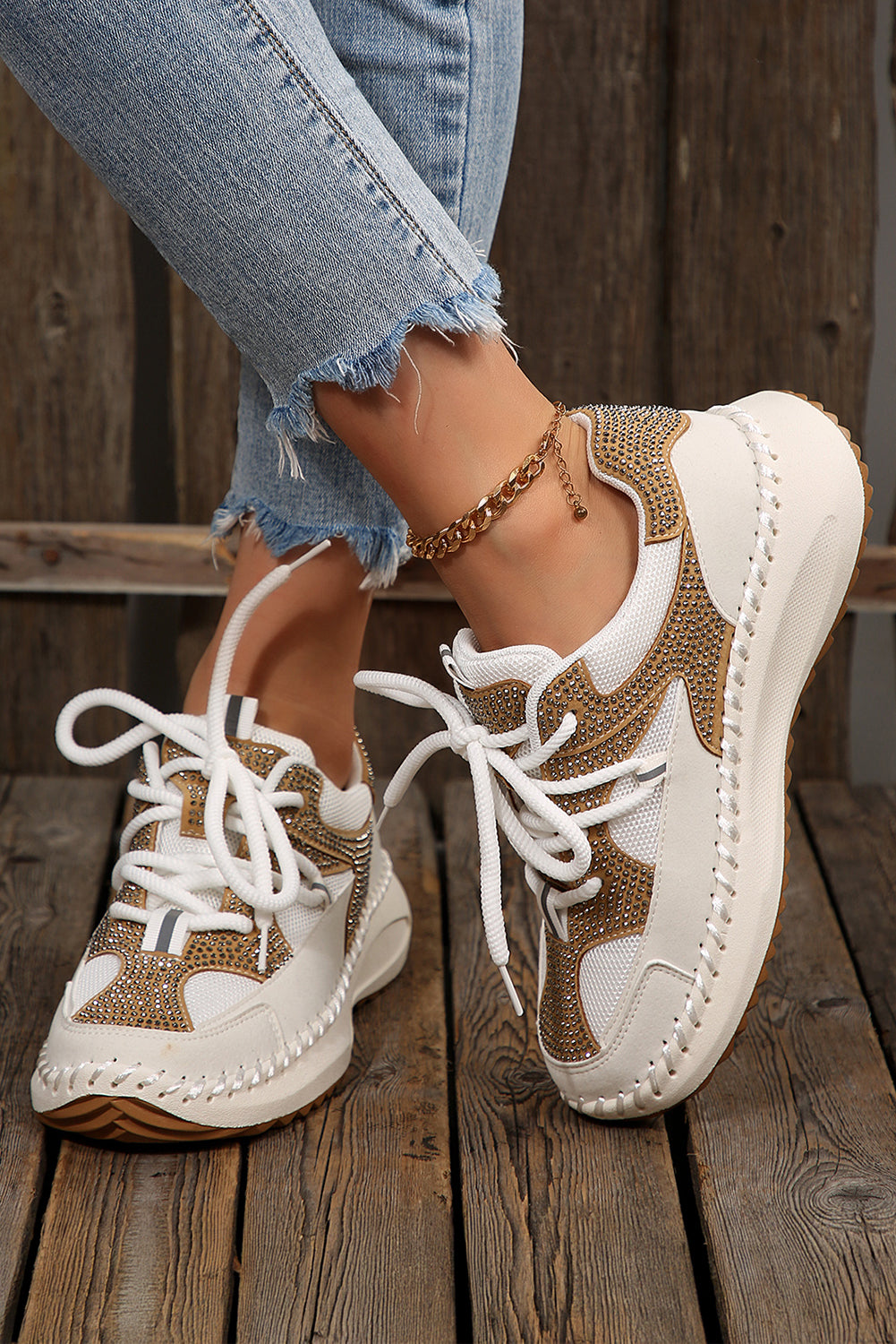 Fiery Red Rhinestone Embellished Color Block Patchwork Lace-up Breathable Sneakers