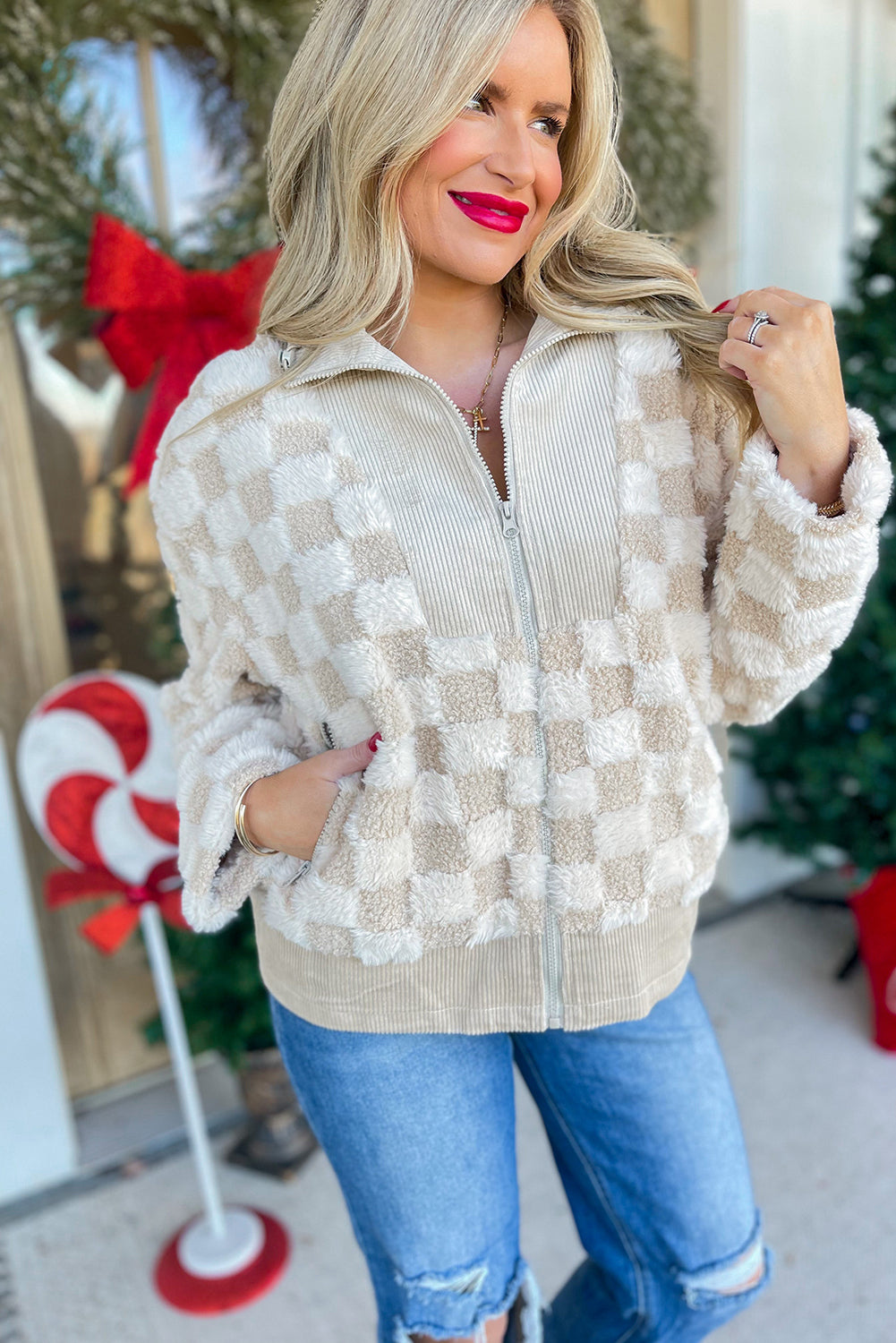 Khaki Checker Sherpa Corduroy Patchwork Zip up Collared Jacket