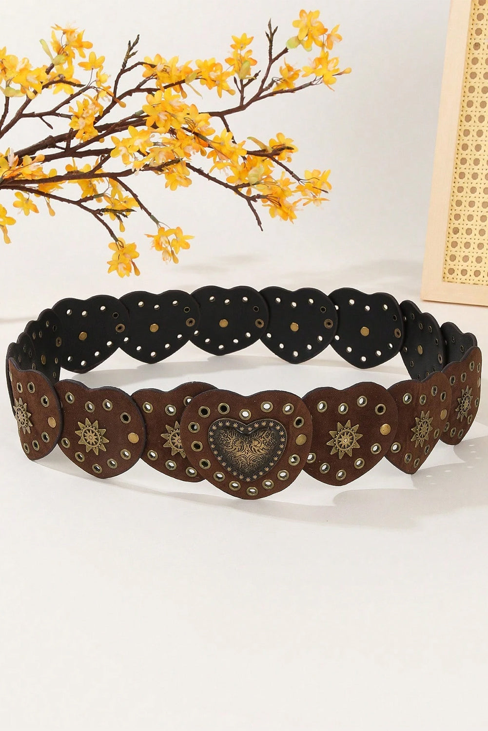 Coffee Bohemian Vintage Bronze Detail Heart Connected PU Belt