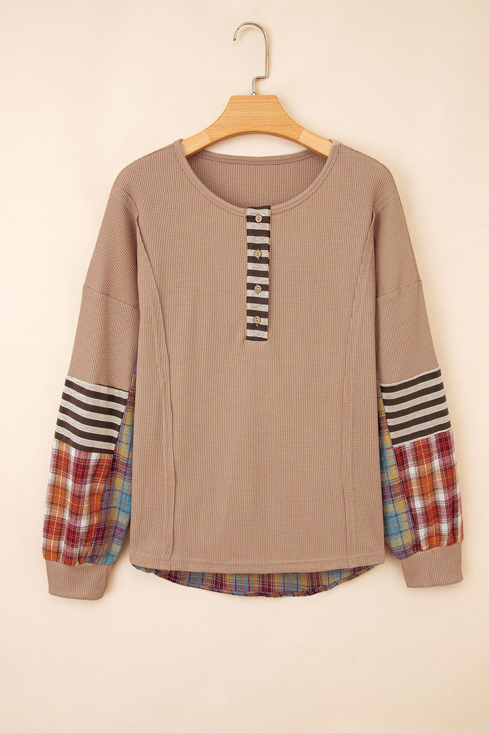 Parchment Plus Size Waffle Colorblock Striped Plaid Patchwork Half Button Pullover