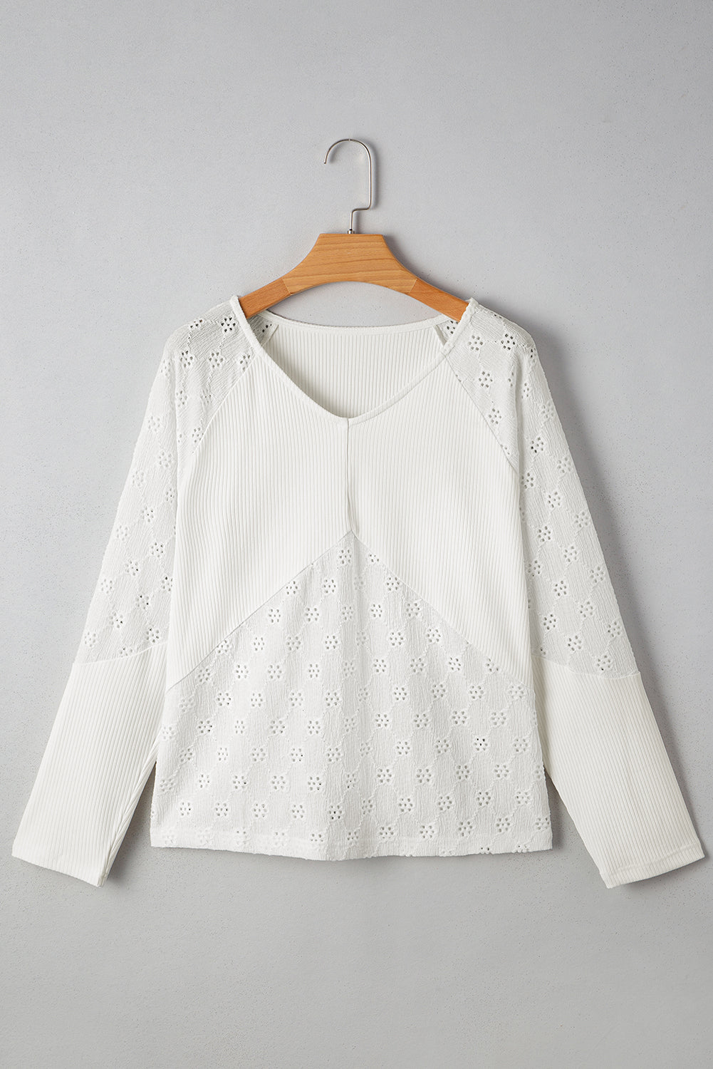 White Twisted Rib Patchwork Embroidered Loose V Neck Long Sleeve Top
