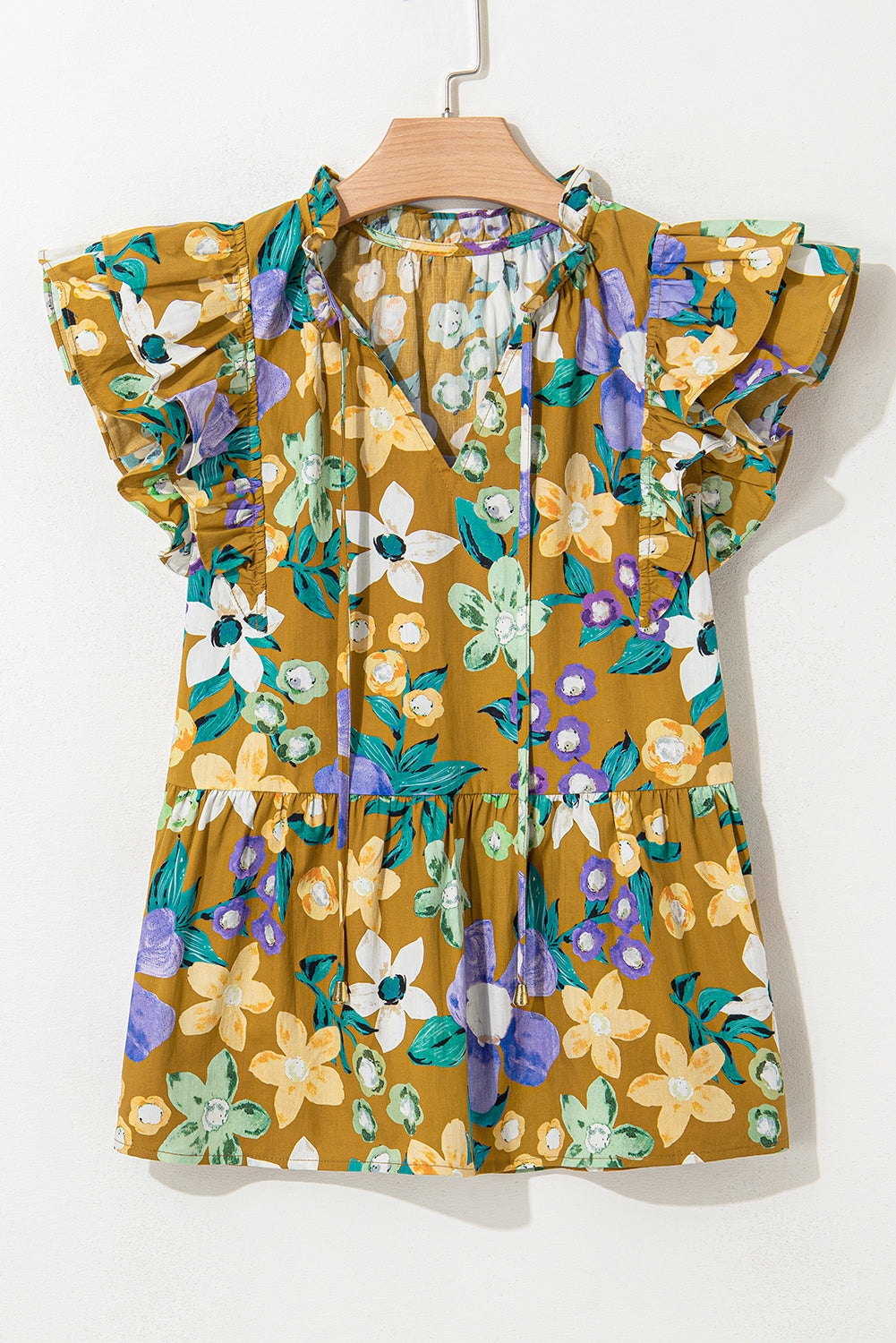 Yellow Floral Print Tiered Flutter Sleeve V Neck Top