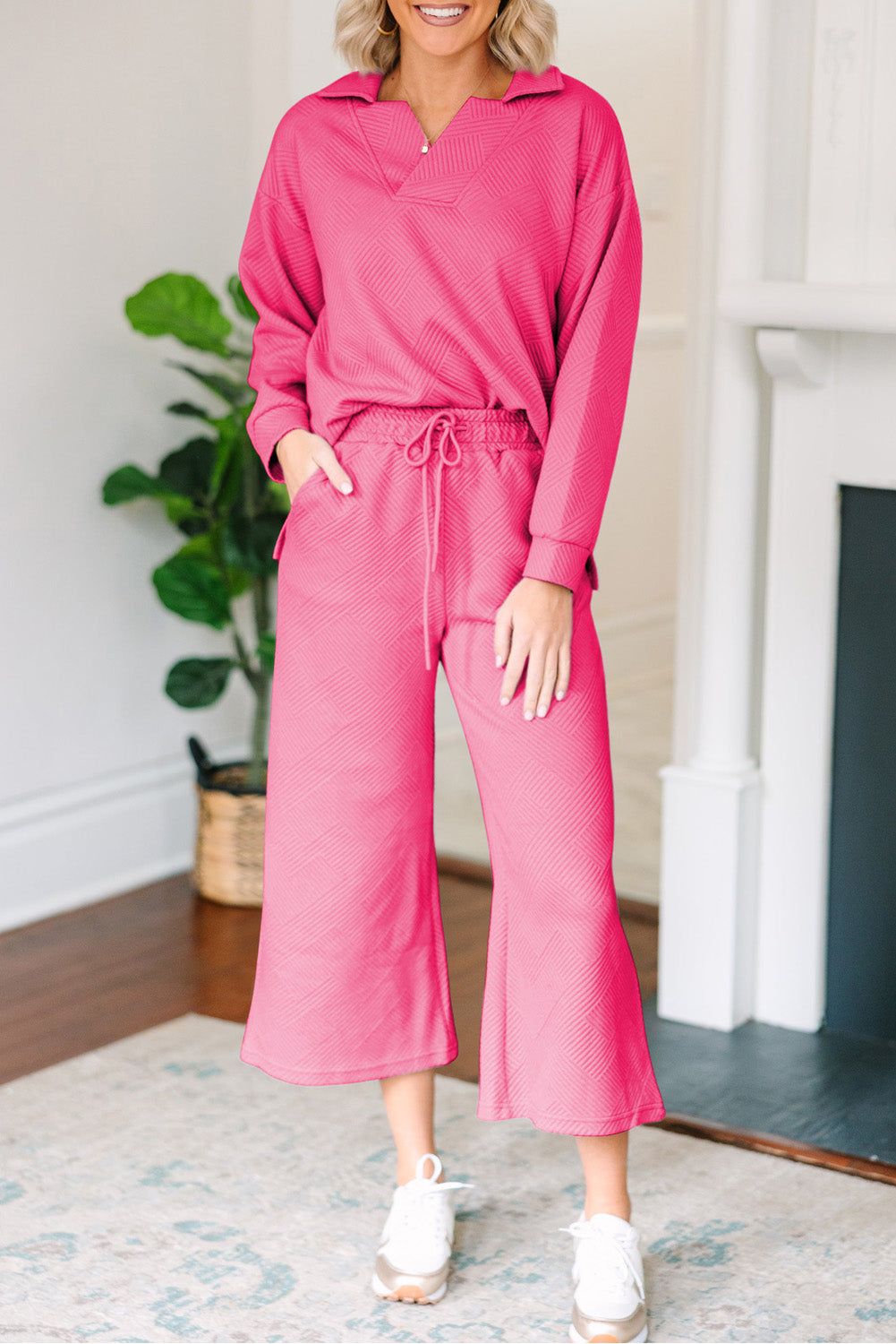 Sail Blue Solid Textured Collared V Neck Top and Wide Leg Pants Set