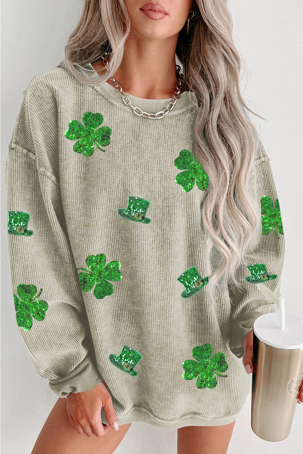 Green Sequin St Patrick Disco Ball Patch Corded Sweatshirt