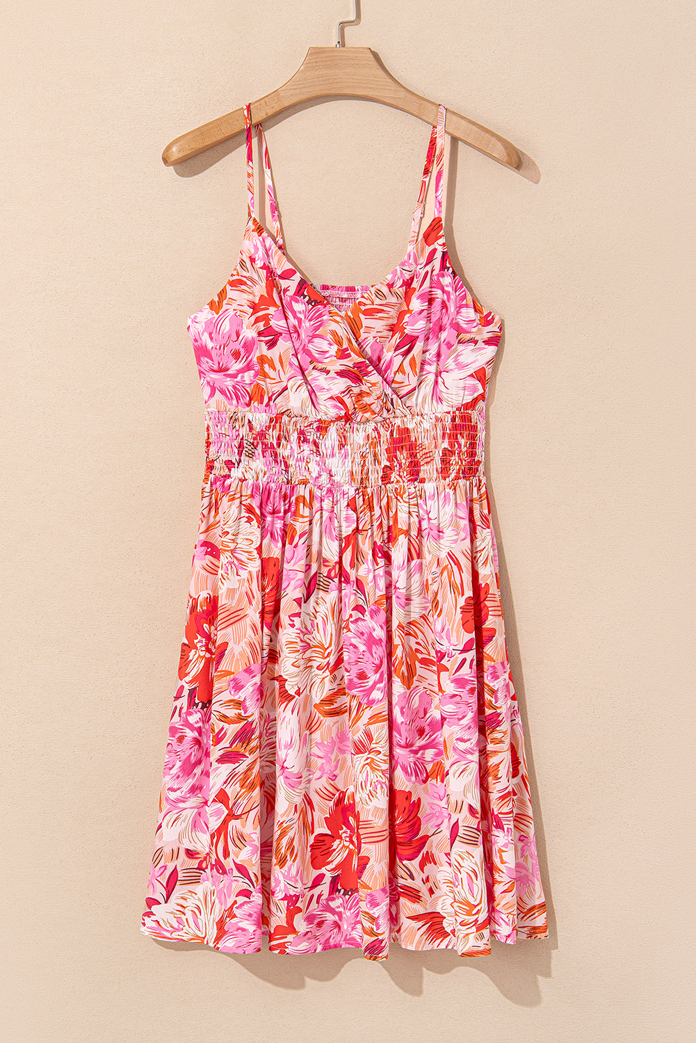 Sky Blue Floral Spaghetti Strap Surplice Neck Shirred Waist Mini Dress