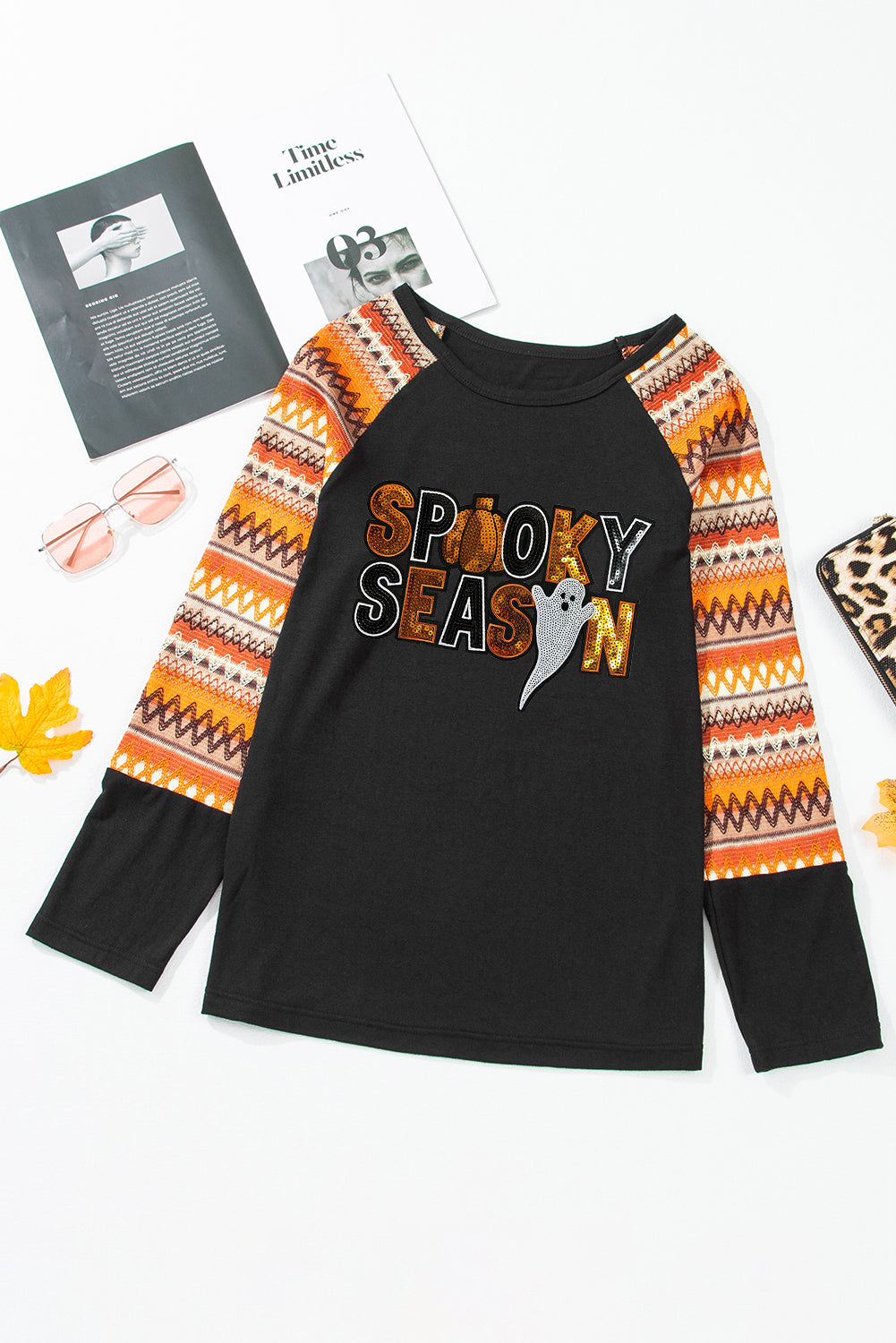 Orange SPOOKY SEASON Sequin Patched Halloween Graphic Contrast Long Sleeve Top