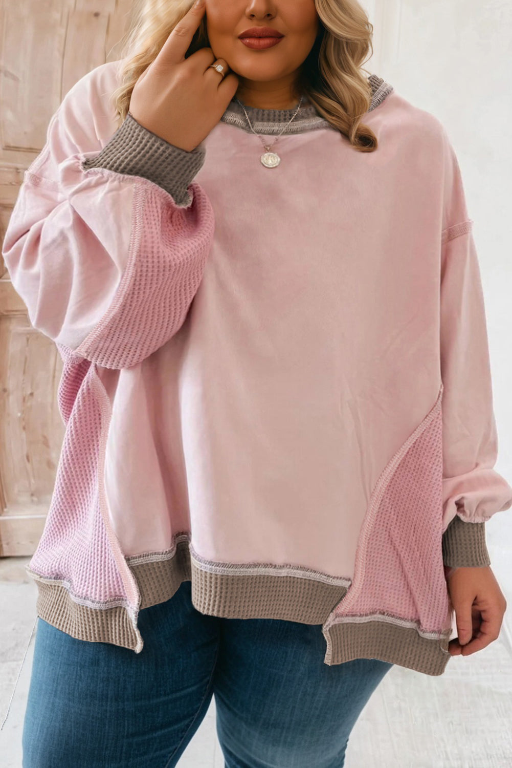 Light Pink Color Block Mix Texture Waffle Patchwork Oversize Sweatshirt