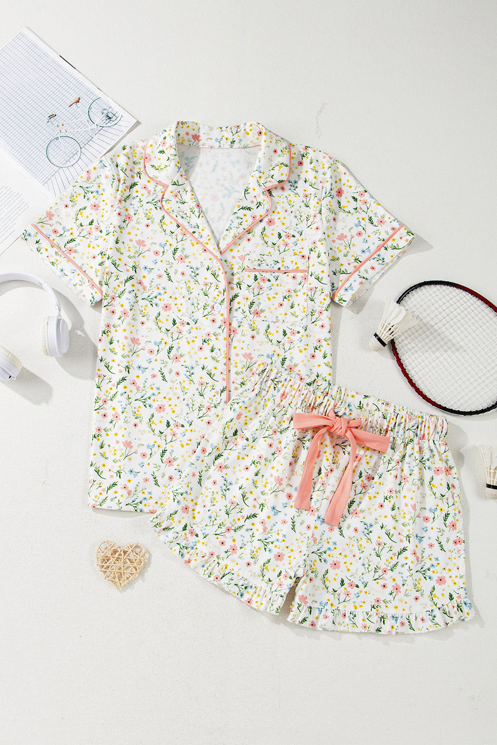 Beige Bow Fruit Print Contrast Pipping Short Pajamas Set