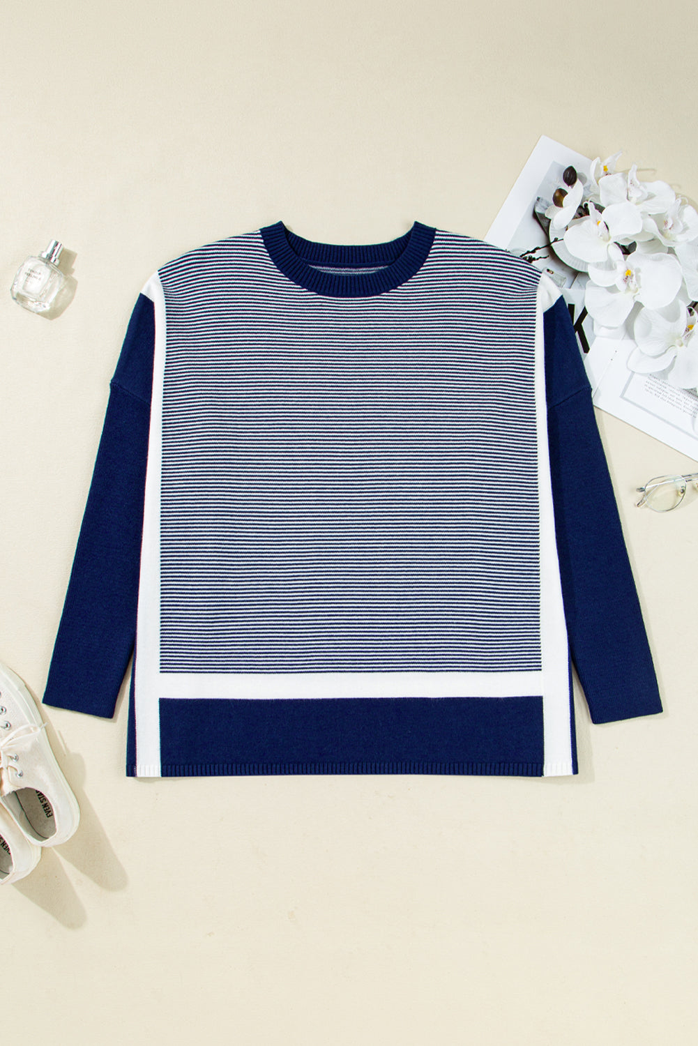 Blue Stripe Color Block Patchwork Dolman Oversize Tunic Sweater