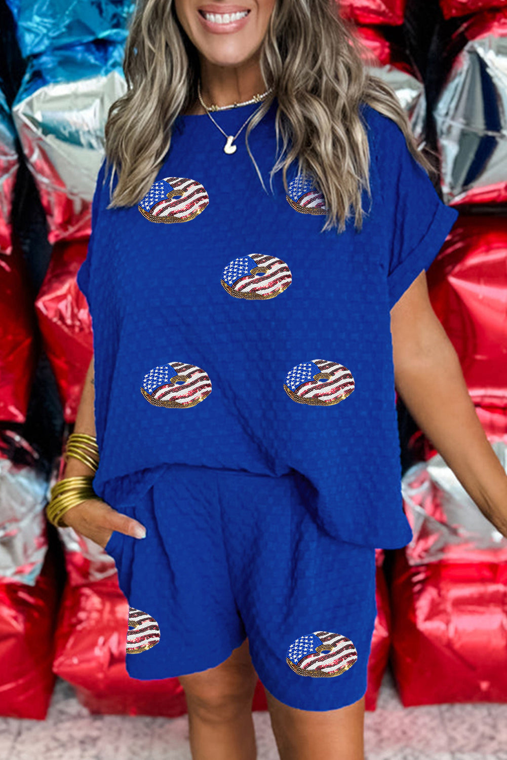Sky Blue Flag Pattern Sequined Bows Donuts Loose 2pcs Shorts Set